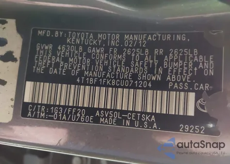 2012 Toyota Camry Se from USA, damaged, VIN 4T1BF1FK8CU071204